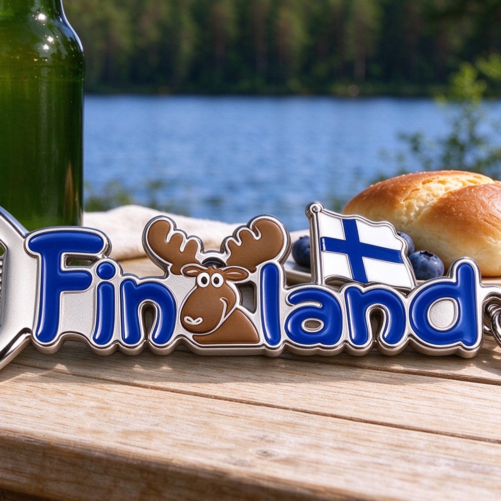 Soft enamel color filling detail with Finland text flag and moose design