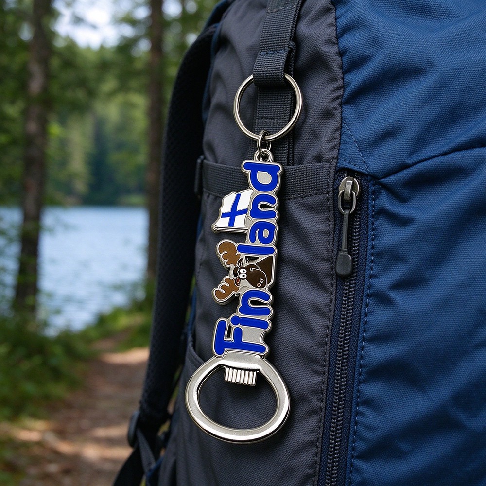 Finland souvenir bottle opener keychain hanging on a blue travel backpack