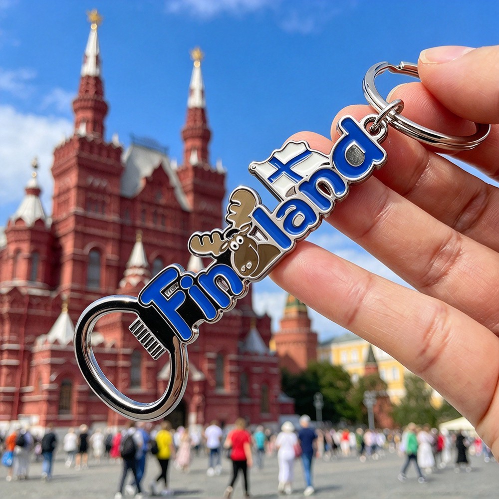 Handheld Finland souvenir bottle opener keychain at tourist landmark