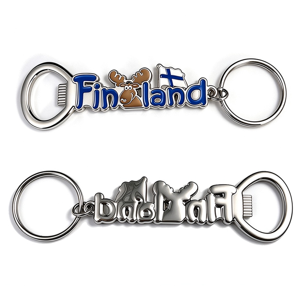 Custom Finland Souvenir Zinc Alloy Bottle Opener Keychain Front and back view of custom Finland souvenir metal bottle opener keychain