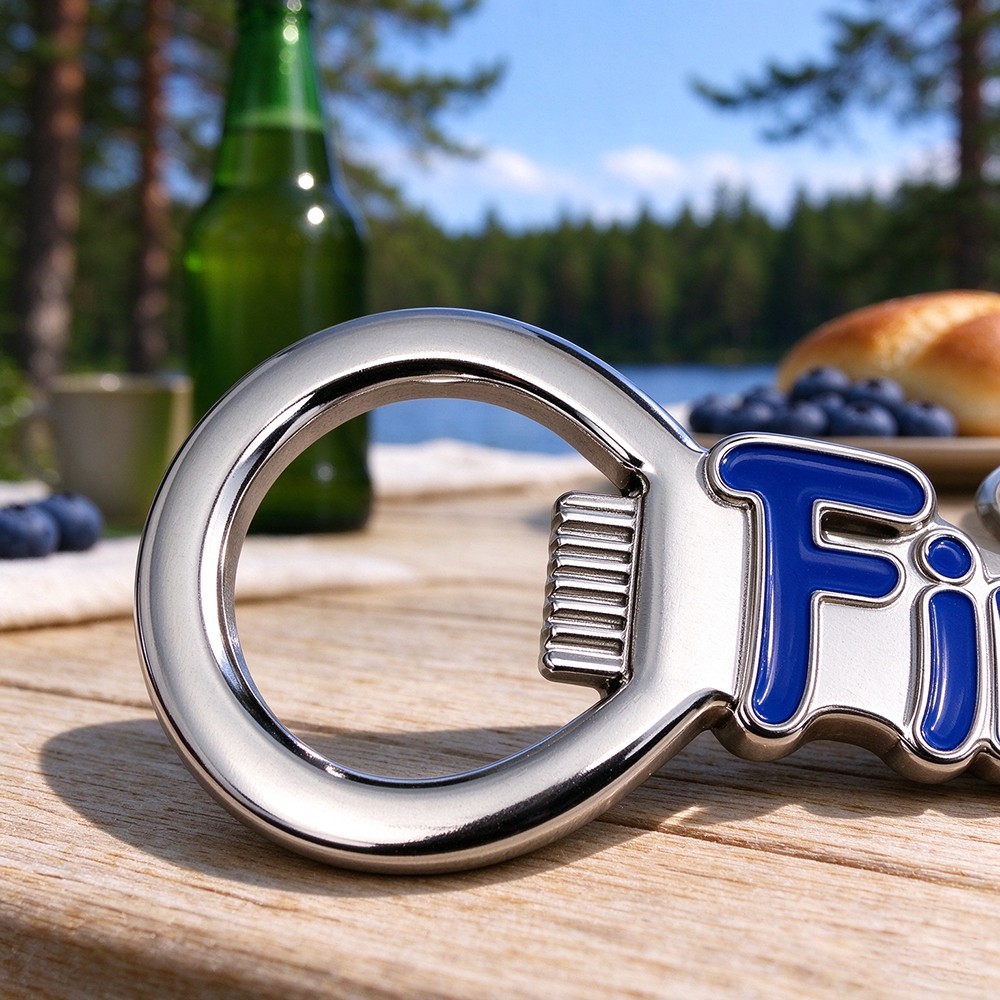 Close up detail of integrated metal beer bottle opener mechanism