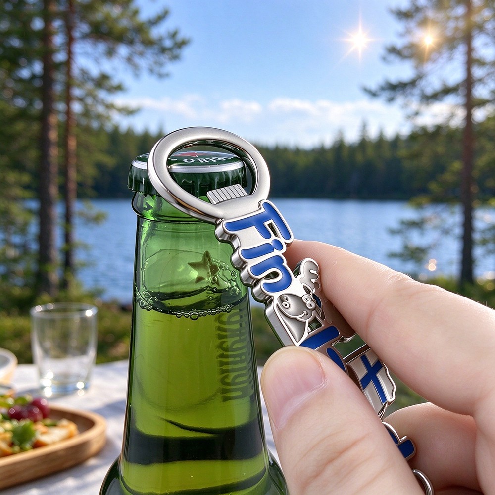 Demonstration of metal keychain opening a beer bottle cap outdoors
