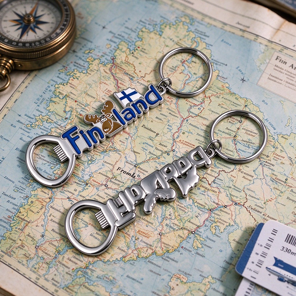 Front and back of Finland keychains laid on a vintage travel map