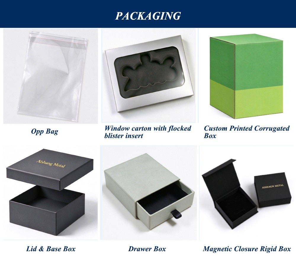 aishang-metal-custom-packaging-options-gift-boxes Custom packaging options for metal crafts including OPP bags window carton display boxes and magnetic closure gift boxes