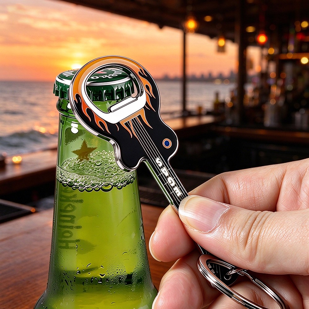 Functional demo of guitar shape metal keychain opening a glass beer bottle at bar