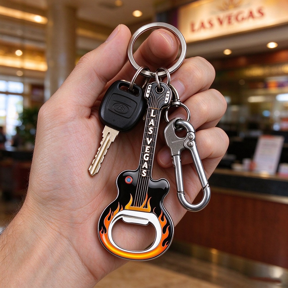 Las Vegas guitar metal keychain attached to car keys and carabiner in daily use