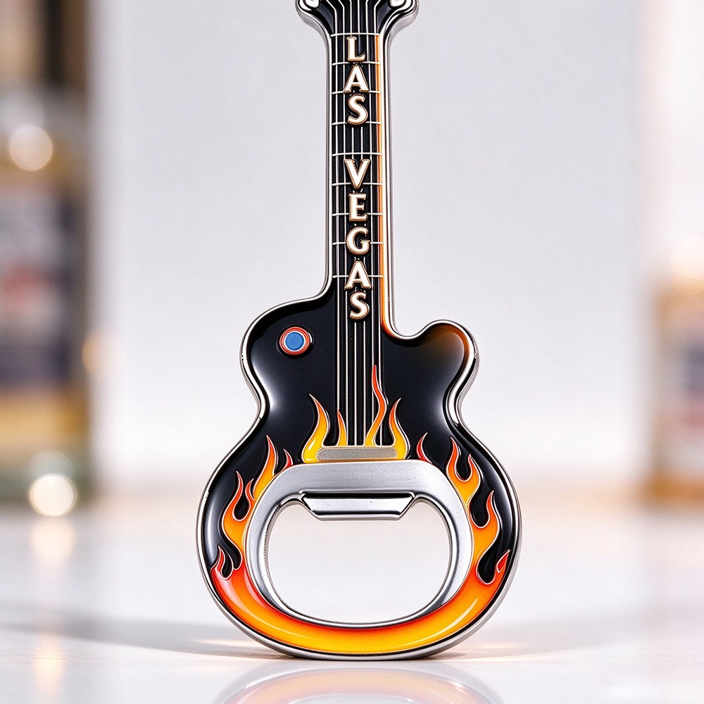 Front epoxy sticker detail of Las Vegas souvenir guitar keychain with flame graphic