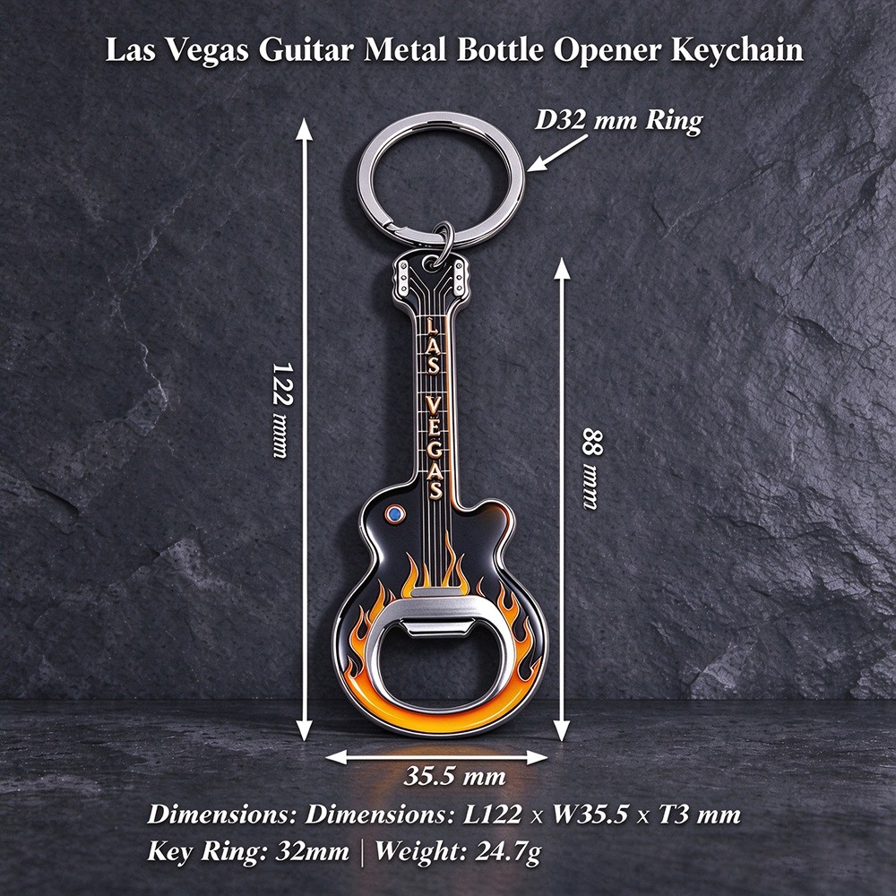 Dimension diagram of Las Vegas guitar keychain showing 122mm length 35.5mm width and 3mm thickness