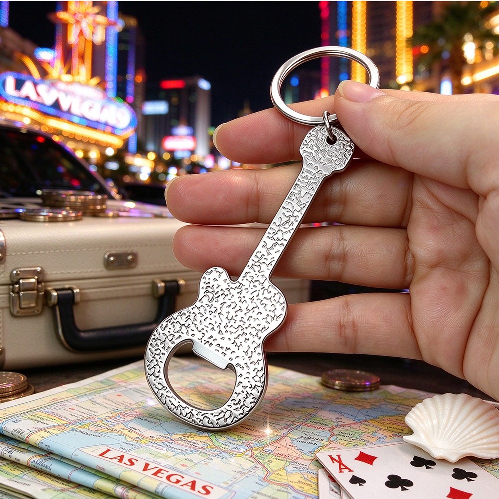 Textured nickel plated back of guitar metal keychain with Las Vegas night scene background
