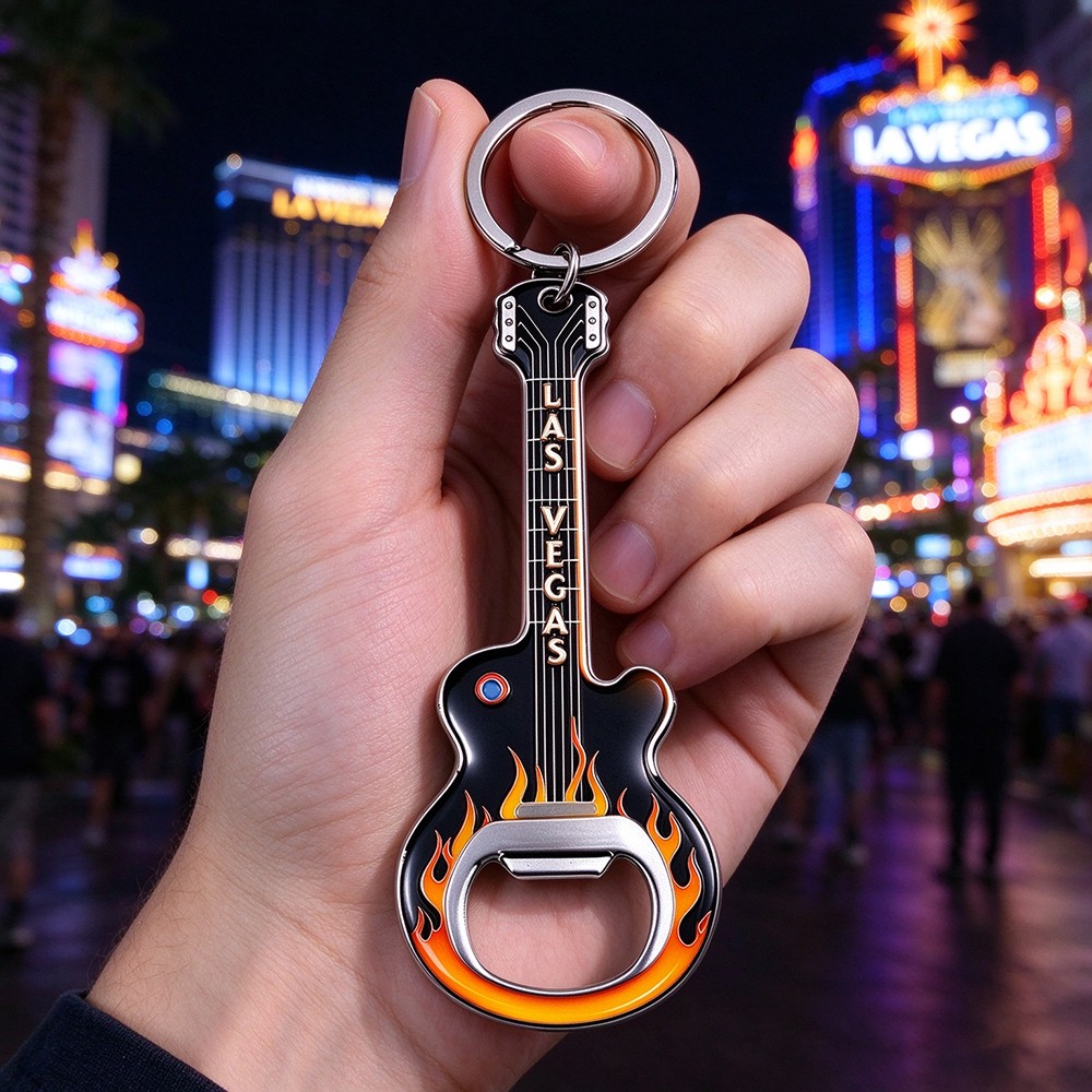 Handheld Las Vegas guitar metal bottle opener keychain against glowing neon lights