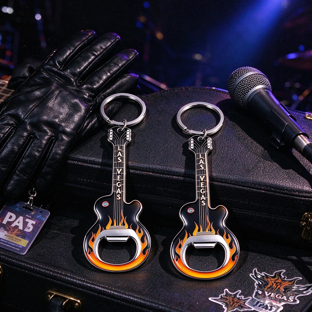 Pair of Las Vegas guitar bottle opener keychains on leather guitar case with microphone