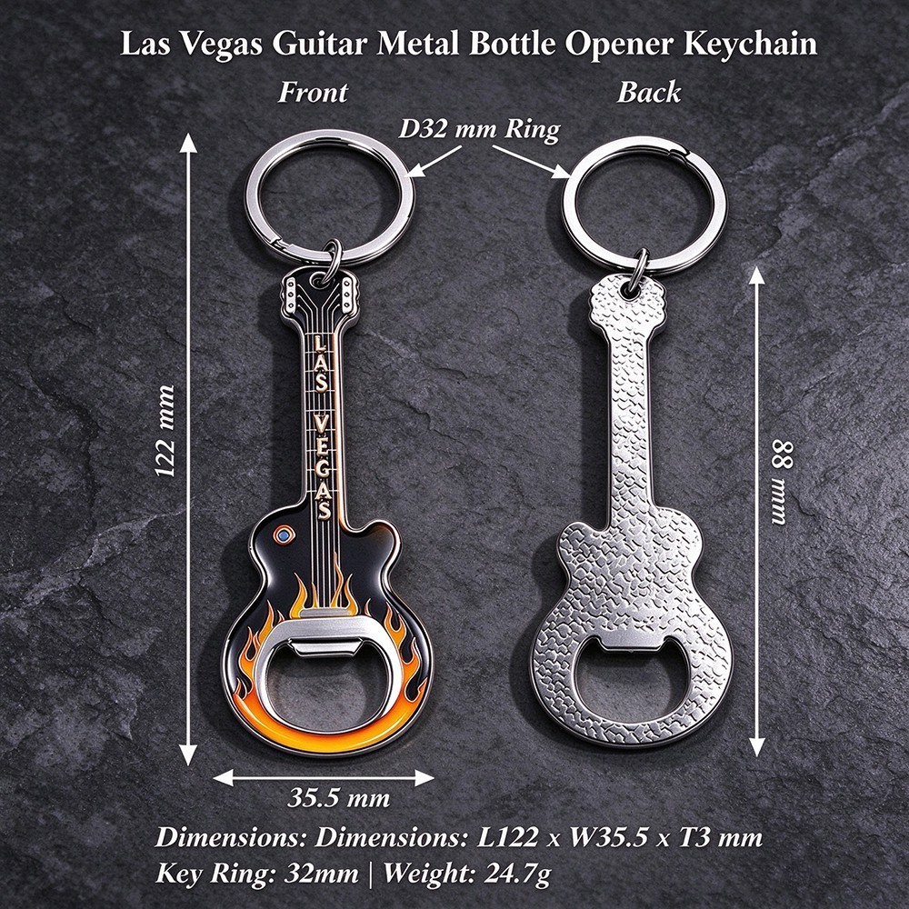 zinc-alloy-las-vegas-guitar-keychain-full-specifications-diagram.jpg Full front and back dimension specifications for Las Vegas guitar souvenir bottle opener keychain