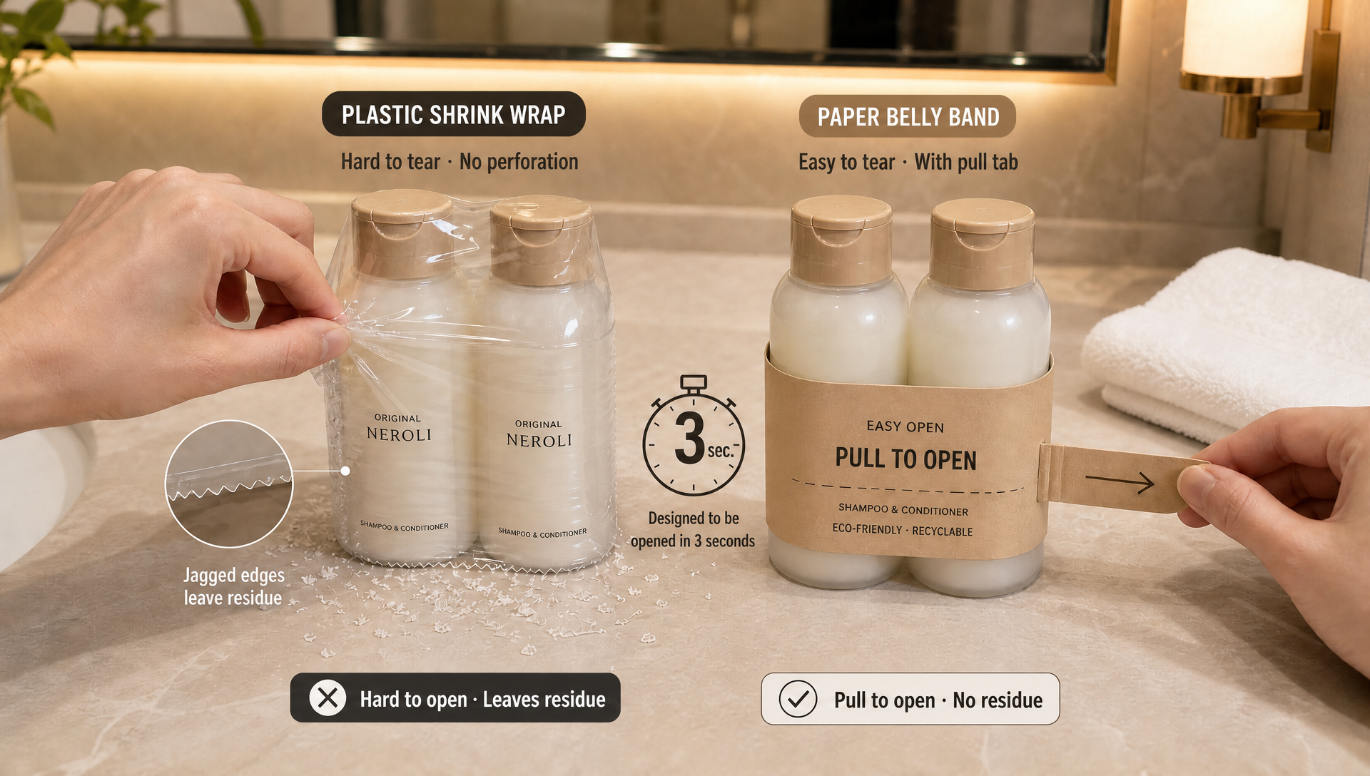 Those 3 Seconds When Guests Tear Open the Plastic Film on a Toiletry Set – Which Is More Annoying: Packaging That Won't Tear, or Packaging That Tears Too Easily?