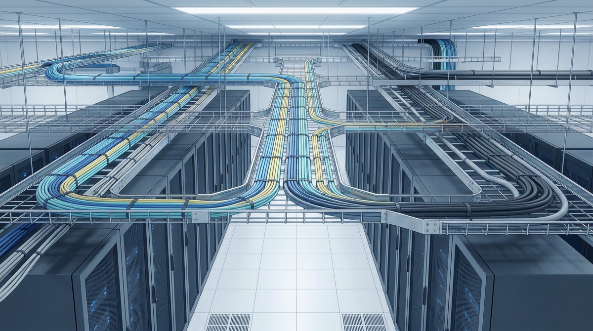 Modern Data Center Cable Management Technical Illustration Technical illustration of a modern data center with overhead cable tray routing showing structured scalable cable management for high-density infrastructure
