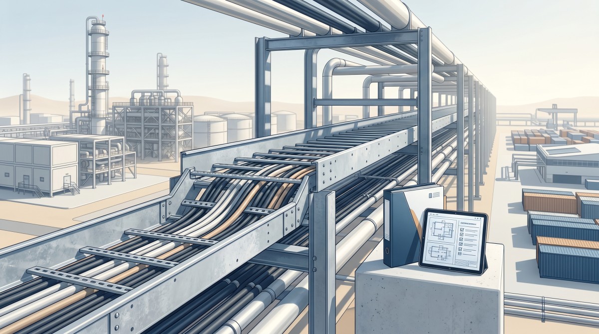 Middle East Cable Tray Engineering Support Illustration Technical illustration of an industrial cable tray installation in a Middle East mega-project setting with engineering review documentation and project coordination cues