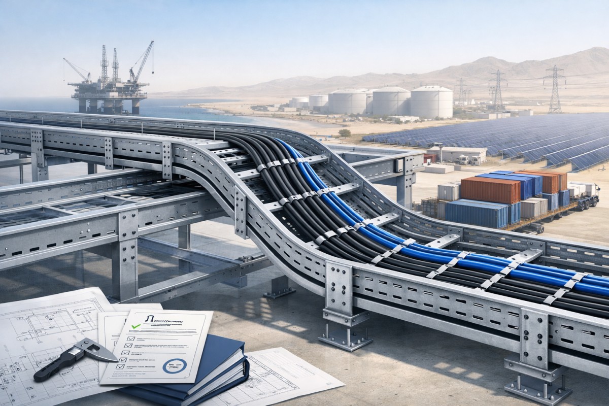 GCC Cable Tray Supplier Readiness Hero Image Technical hero image showing cable tray systems in a GCC coastal industrial project environment with logistics infrastructure harsh-climate suitability and supplier readiness cues