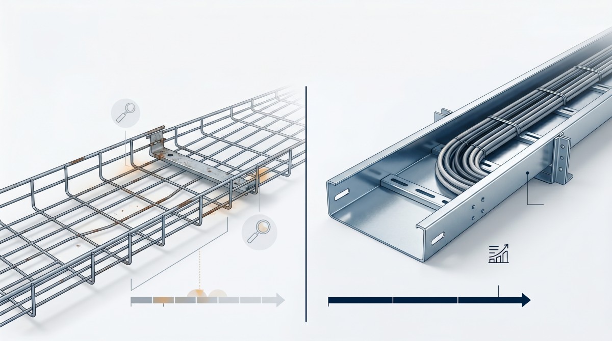 Cable Tray Long-Term Value Comparison Illustration Technical comparison illustration showing lower-grade cable tray deterioration versus a more durable engineered cable tray with better long-term performance