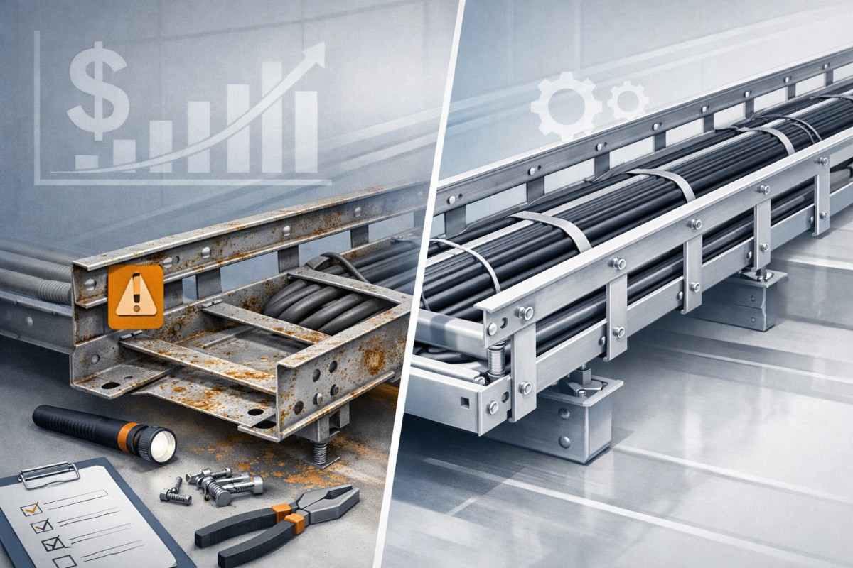 Hidden Cost of Cheap Cable Trays Hero Image Comparison hero image showing a low-cost cable tray with corrosion and maintenance risk versus a higher-quality cable tray designed for long-term reliability and lower ownership cost