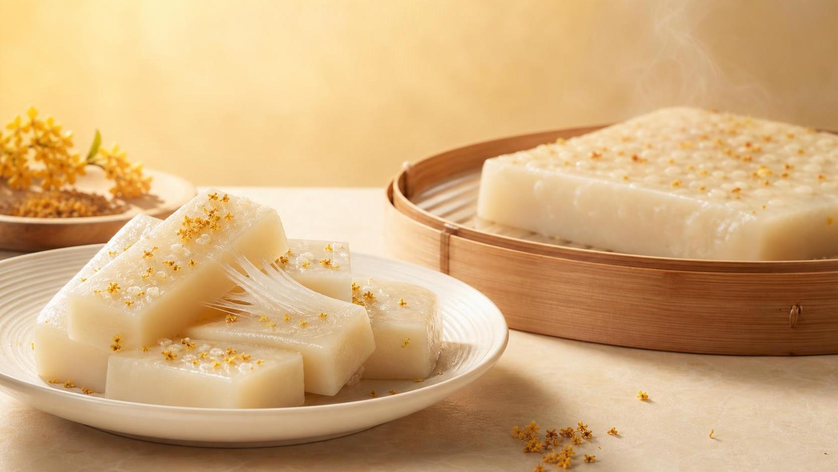 Was macht die Textur von Osmanthus-Reiskuchen nach dem Abkühlen weich und dennoch zäh?