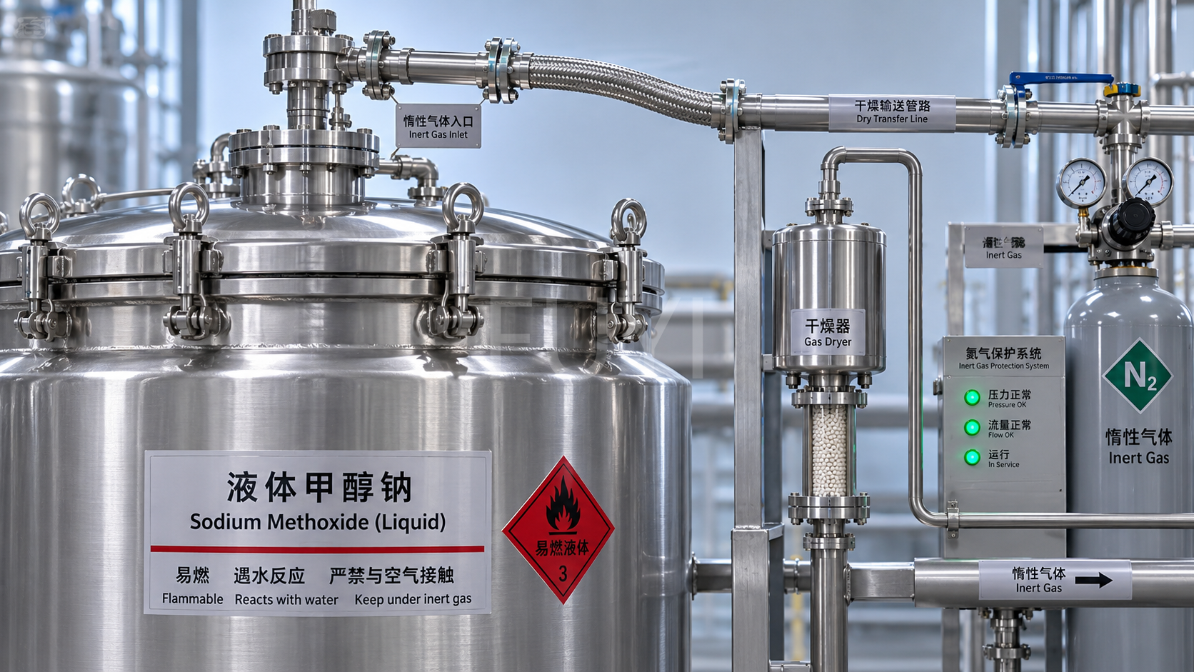 What causes liquid sodium methoxide to lose strength during storage?