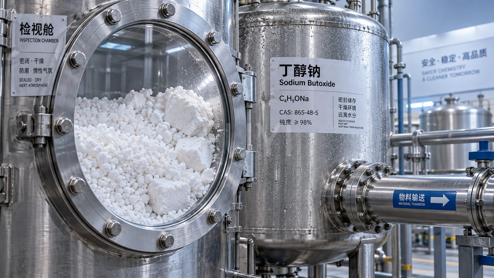 What causes sodium butoxide granules to cake during storage?