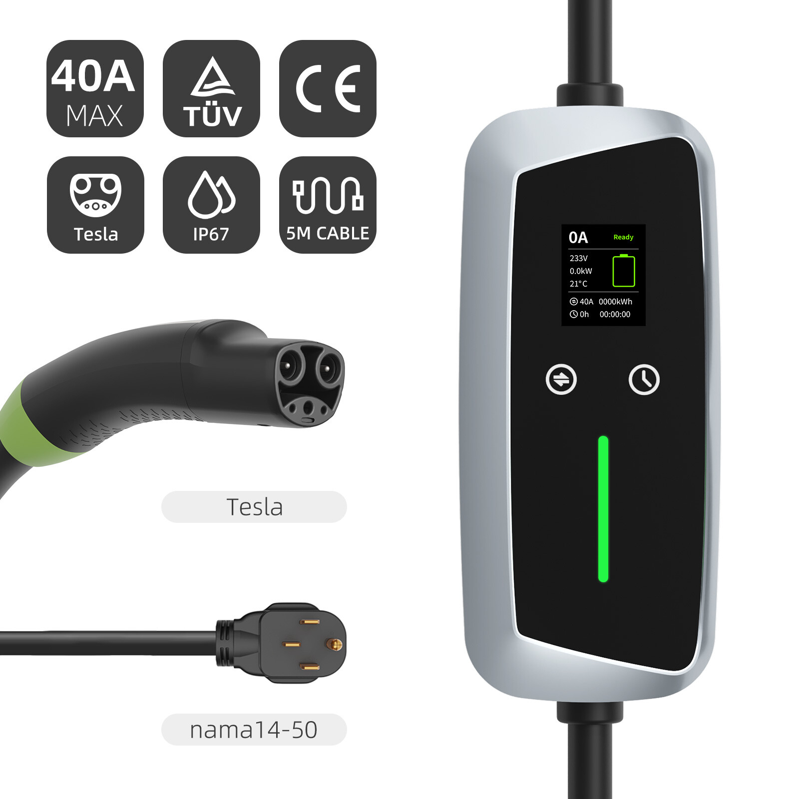 NACS Portable EV Charger 9.6kw with LCD Screen