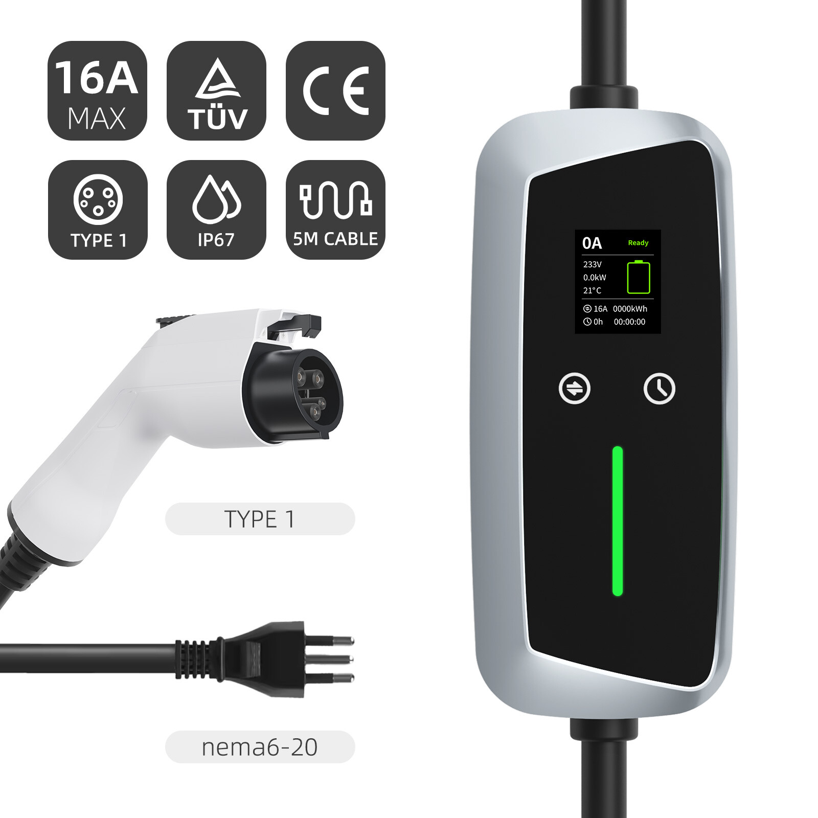 Type 1 Portable EV Charger 7.4kw with LCD Screen