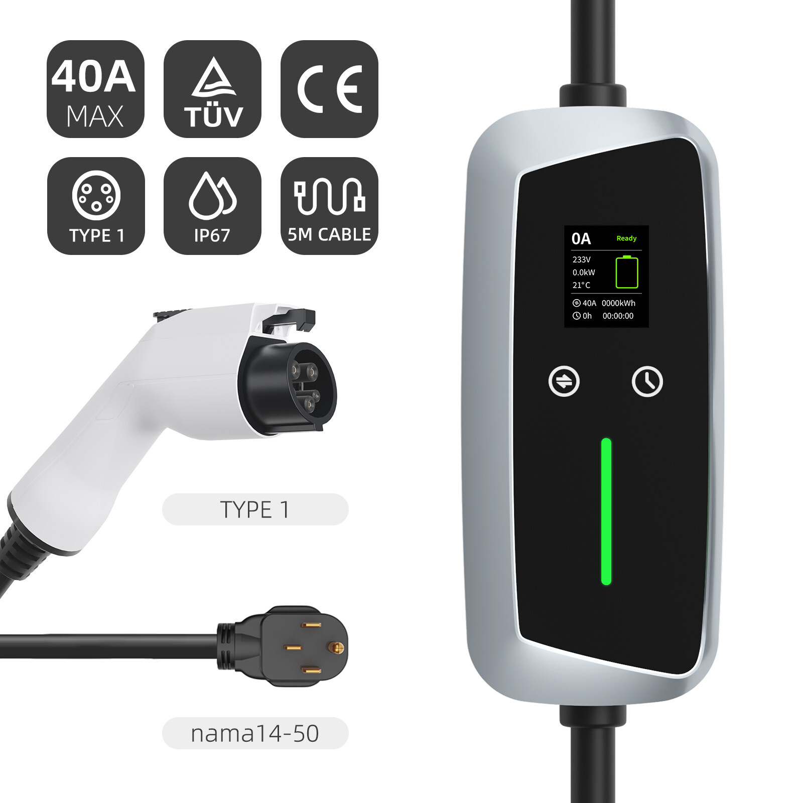Type 1 Portable EV Charger 7.4kw with LCD Screen