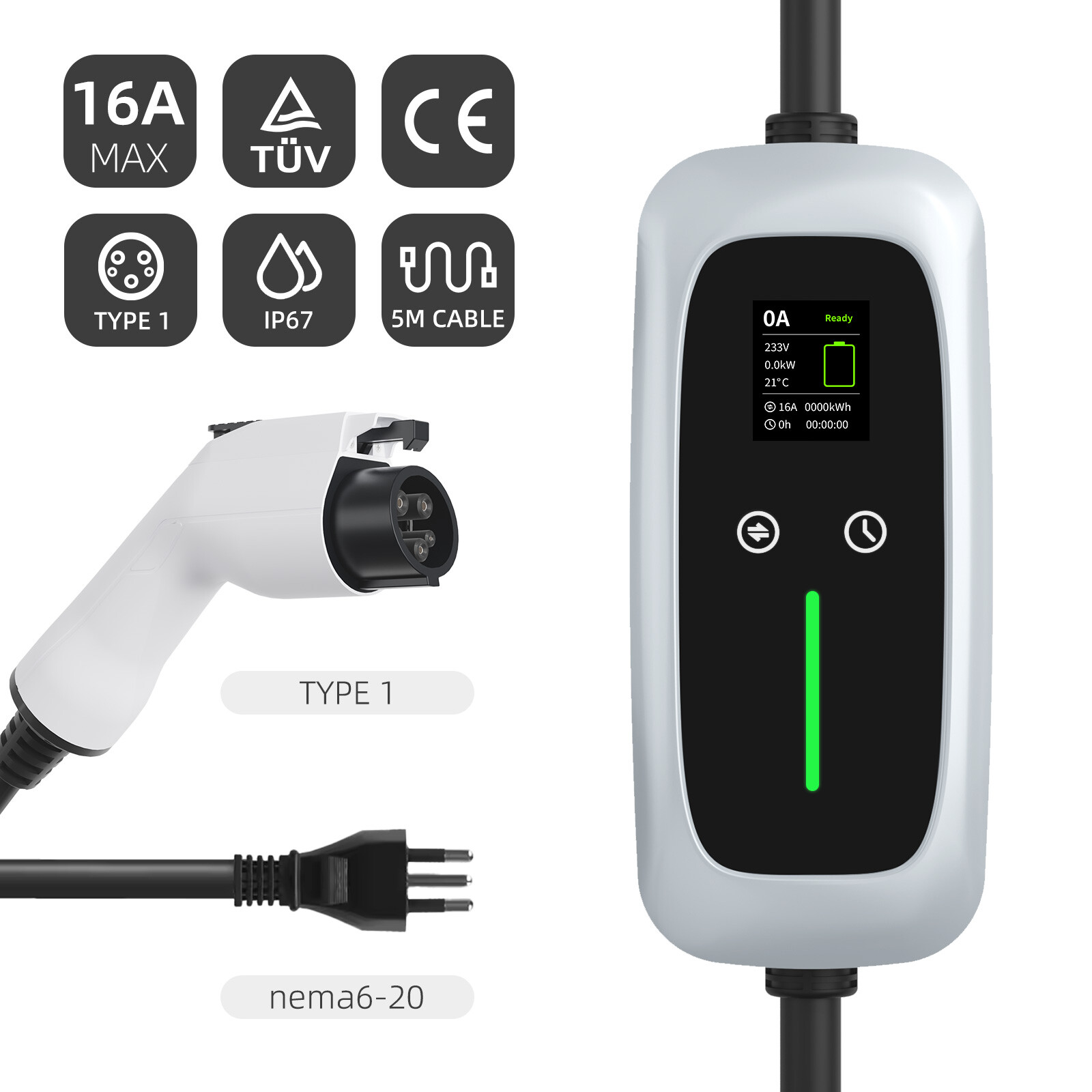 Type 1 Portable EV Charger 7.4kw with LCD Screen