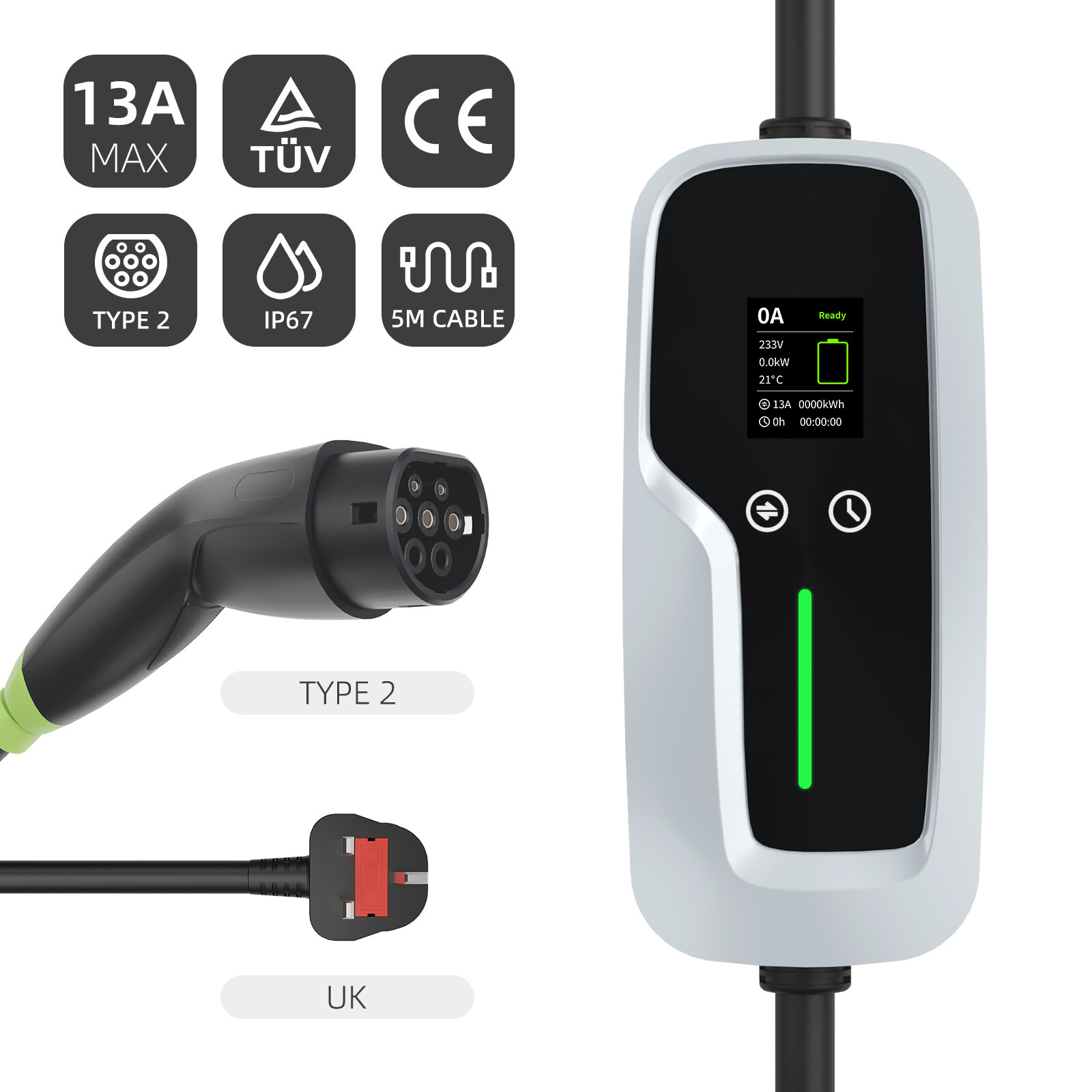 Type 2 Portable EV Charger 7.4kw with LCD Screen
