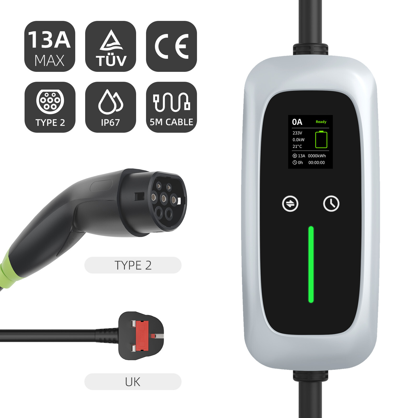 Type 2 Portable EV Charger 7.4kw with LCD Screen