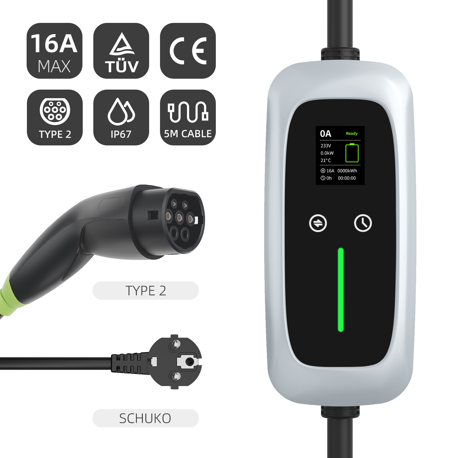 Type 2 Portable EV Charger 7.4kw with LCD Screen