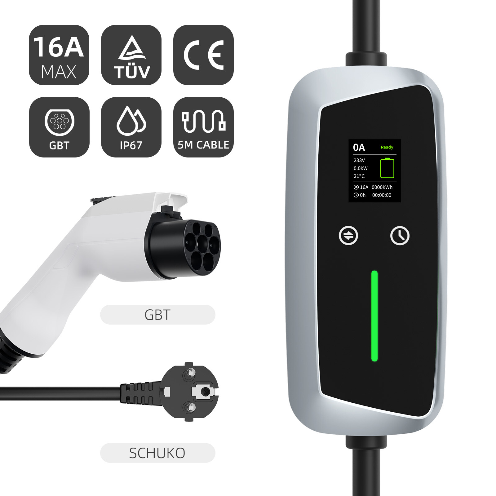 GBT Portable EV Charger 7.4kw with LCD Screen