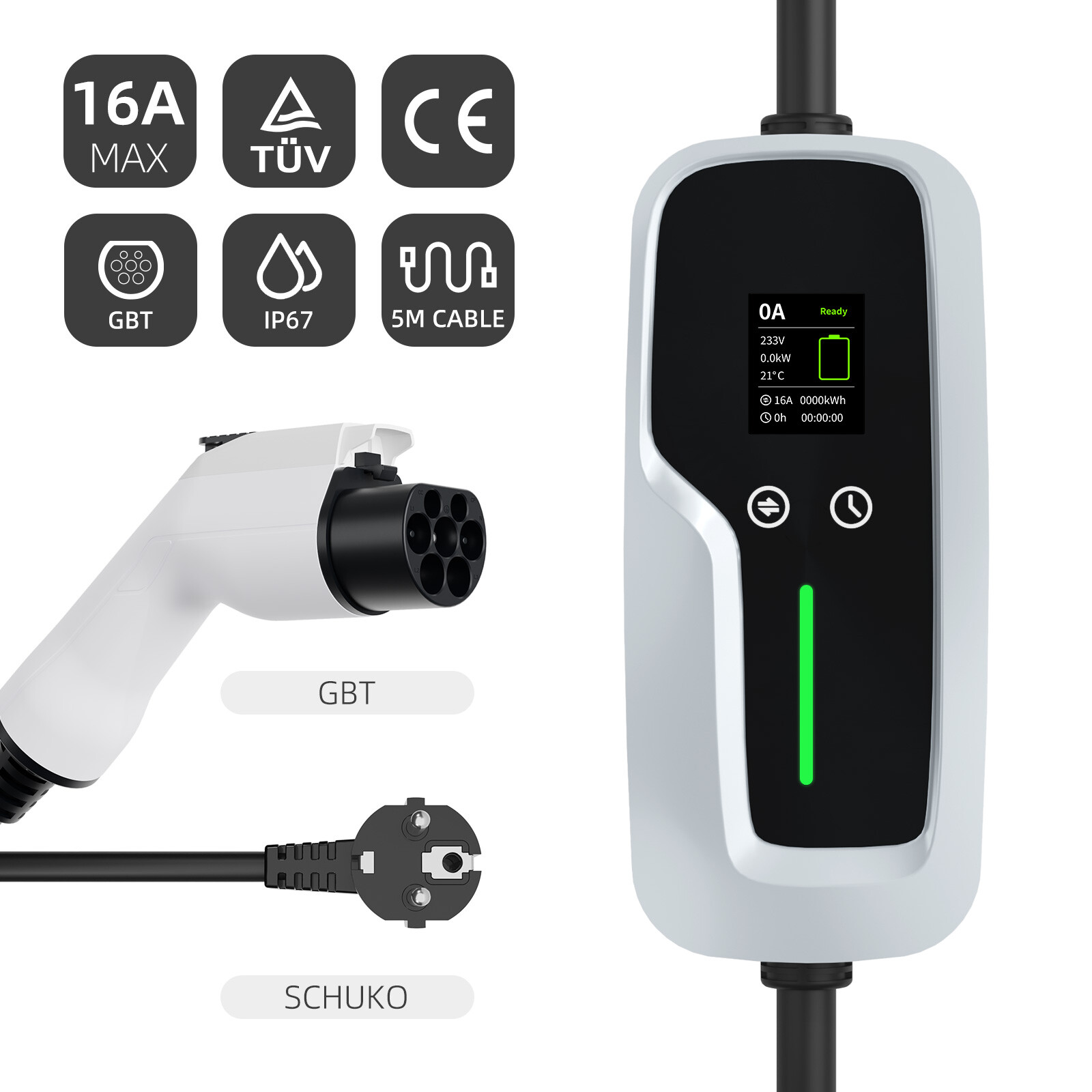 GBT Portable EV Charger 7.4kw with LCD Screen
