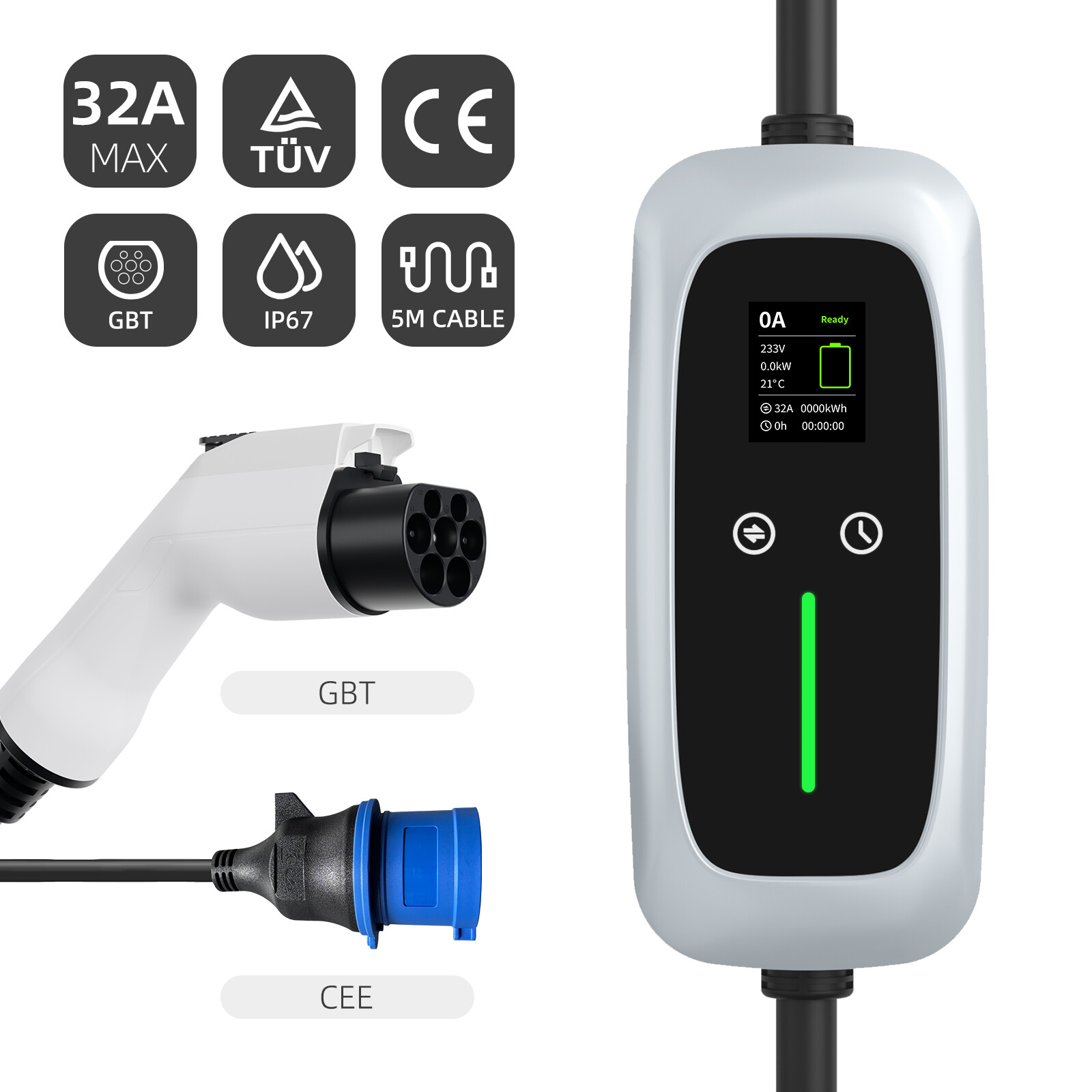 GBT Portable EV Charger 7.4kw with LCD Screen