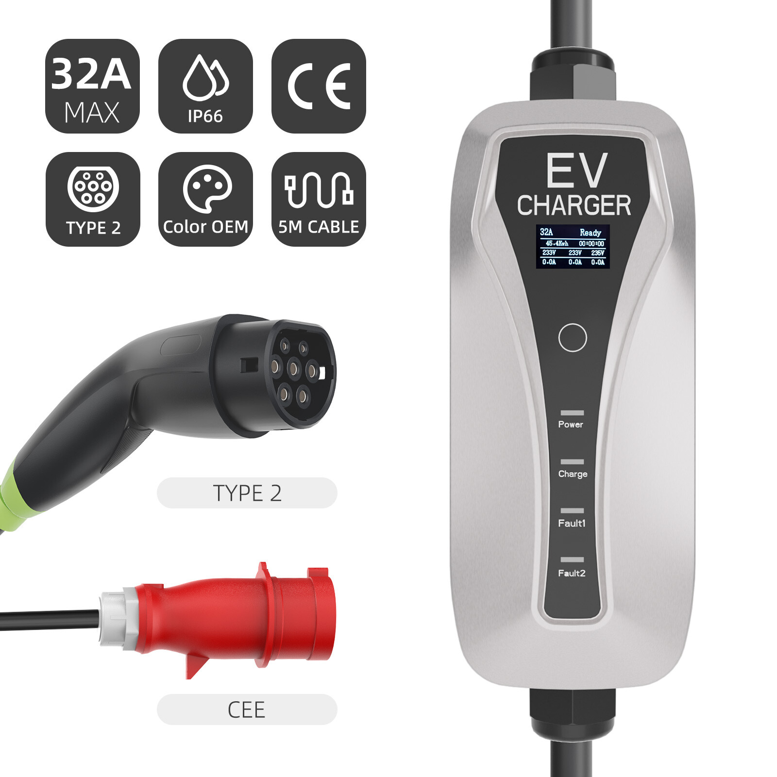 Type 2 22kw 3 phase Portable EV Charger