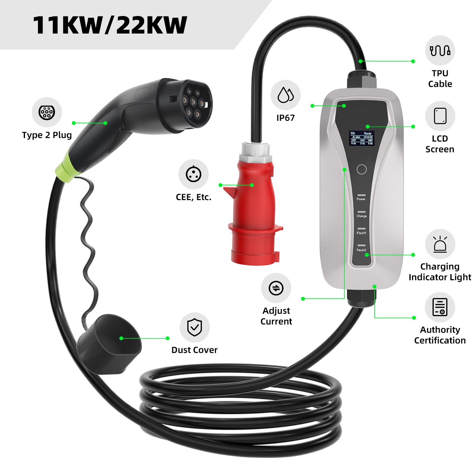 Type 2 22kw 3 phase Portable EV Charger