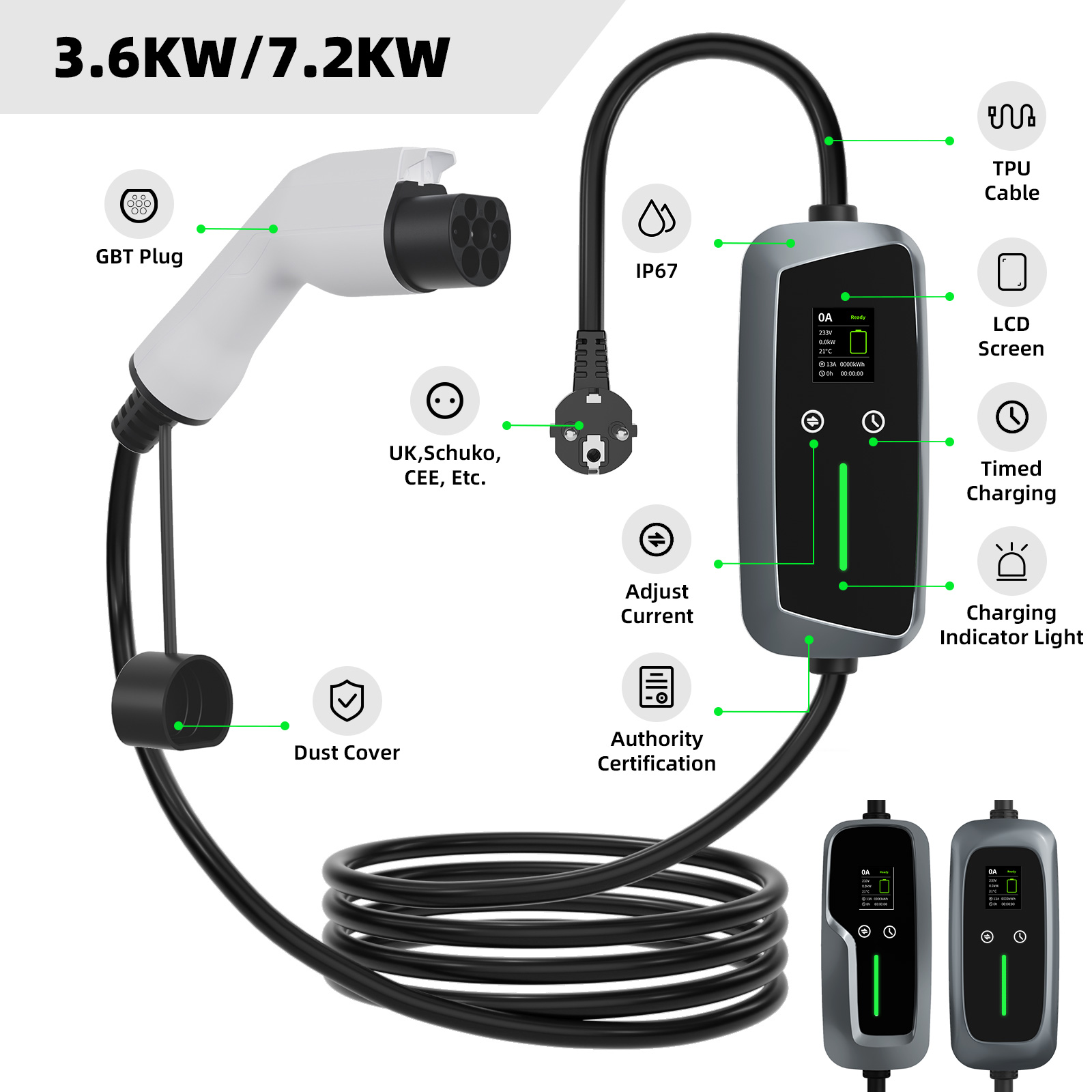 GBT Portable EV Charger 7.4kw with LCD Screen