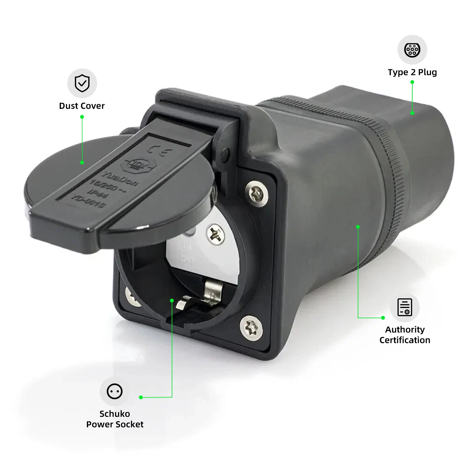 Type 2 to Schuko discharge adapter Type 2 to Schuko discharge adapter
