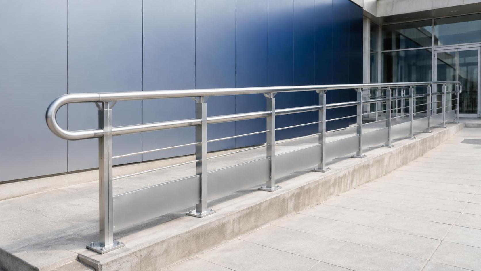 What load rating should an aluminum handrail meet on ramps?