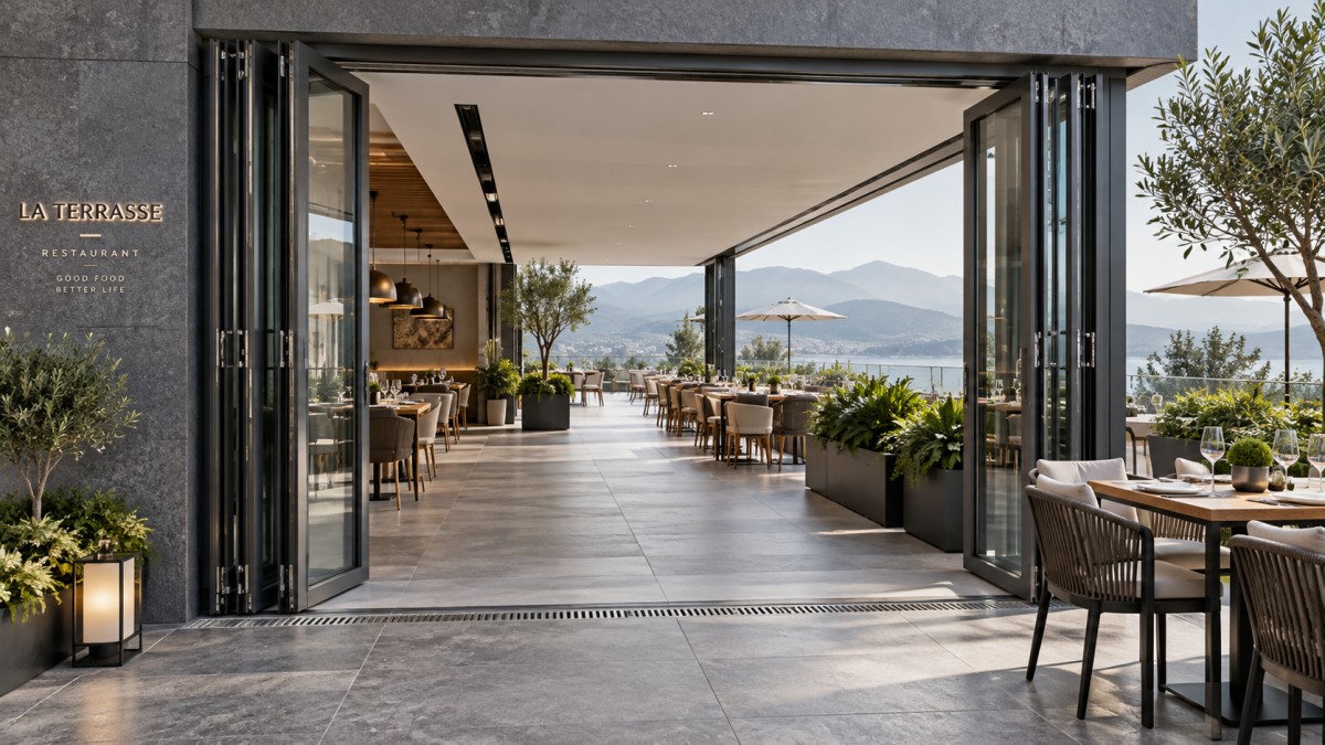 Aluminum Folding Door Layouts for Wide Restaurant Terrace Openings Aluminum Folding Door Layouts for Wide Restaurant Terrace Openings