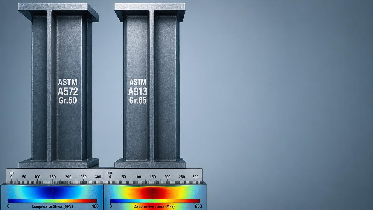 ¿Cuánto más resistente es el acero estructural de alta resistencia en compresión frente a ASTM A572?