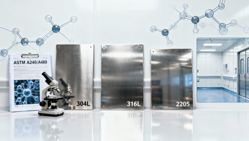 Quais graus padrão ASTM de chapas planas de aço inoxidável são aprovados para revestimento de salas limpas farmacêuticas em 2026?