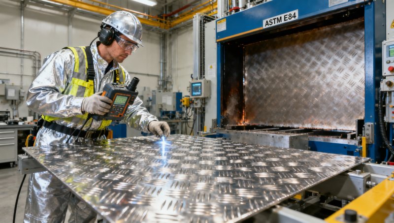 Que dados de teste de fogo comprovam que o desempenho à prova de fogo da chapa estampada em aço inoxidável excede os limites da Classe A da ASTM E84?