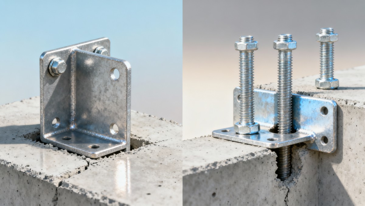 Right angle metal plate bolted into concrete — what embed depth prevents pull-out under shear loads? Placa metálica em ângulo reto fixada com parafusos no concreto — qual profundidade de embutimento evita o arrancamento sob cargas de cisalhamento?