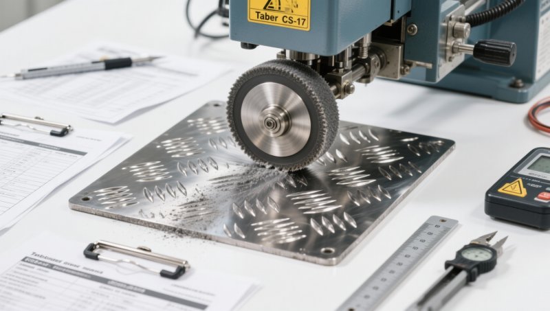 Why stainless steel embossed plate for elevator decoration is tested for abrasion resistance using Taber CS-17 wheels لماذا يتم اختبار مقاومة التآكل للوحة الفولاذية المقاومة للصدأ والمزخرفة المستخدمة في تزيين المصاعد باستخدام عجلات Taber CS-17؟