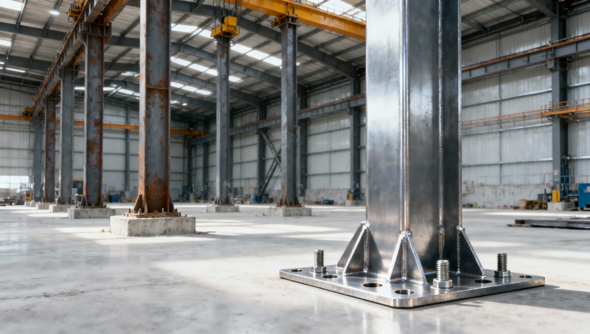 Steel structure construction for industrial plants: How column base plate design affects foundation cost savings بناء الهياكل الفولاذية للمصانع الصناعية: كيف يؤثر تصميم لوحة قاعدة العمود على توفير تكاليف الأساسات