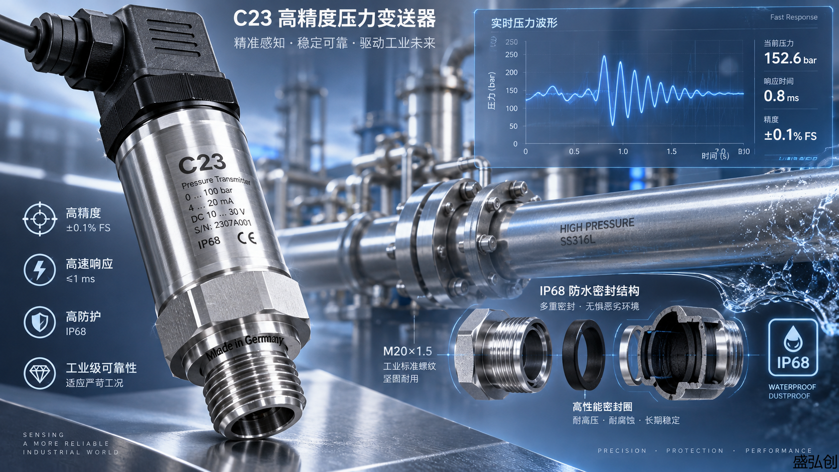 C23压力变送器对比主流微型变送器：响应时间＜10ms、IP68防护与±0