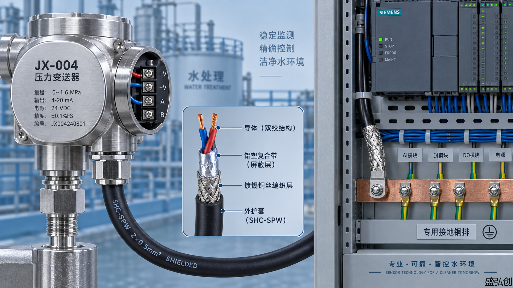 JX-004压力变送器在水处理PLC集成中信号干扰频发？屏蔽层接地方式与电缆选型避坑指南