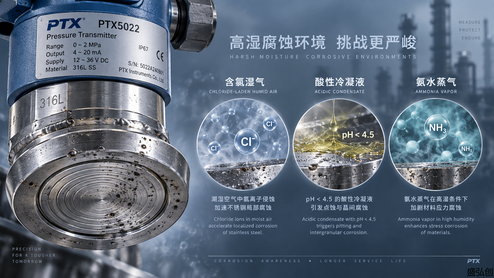 PTX-PTX5022压力变送器在高湿度环境下使用一年后，膜片腐蚀风险主要来自哪些工艺介质？